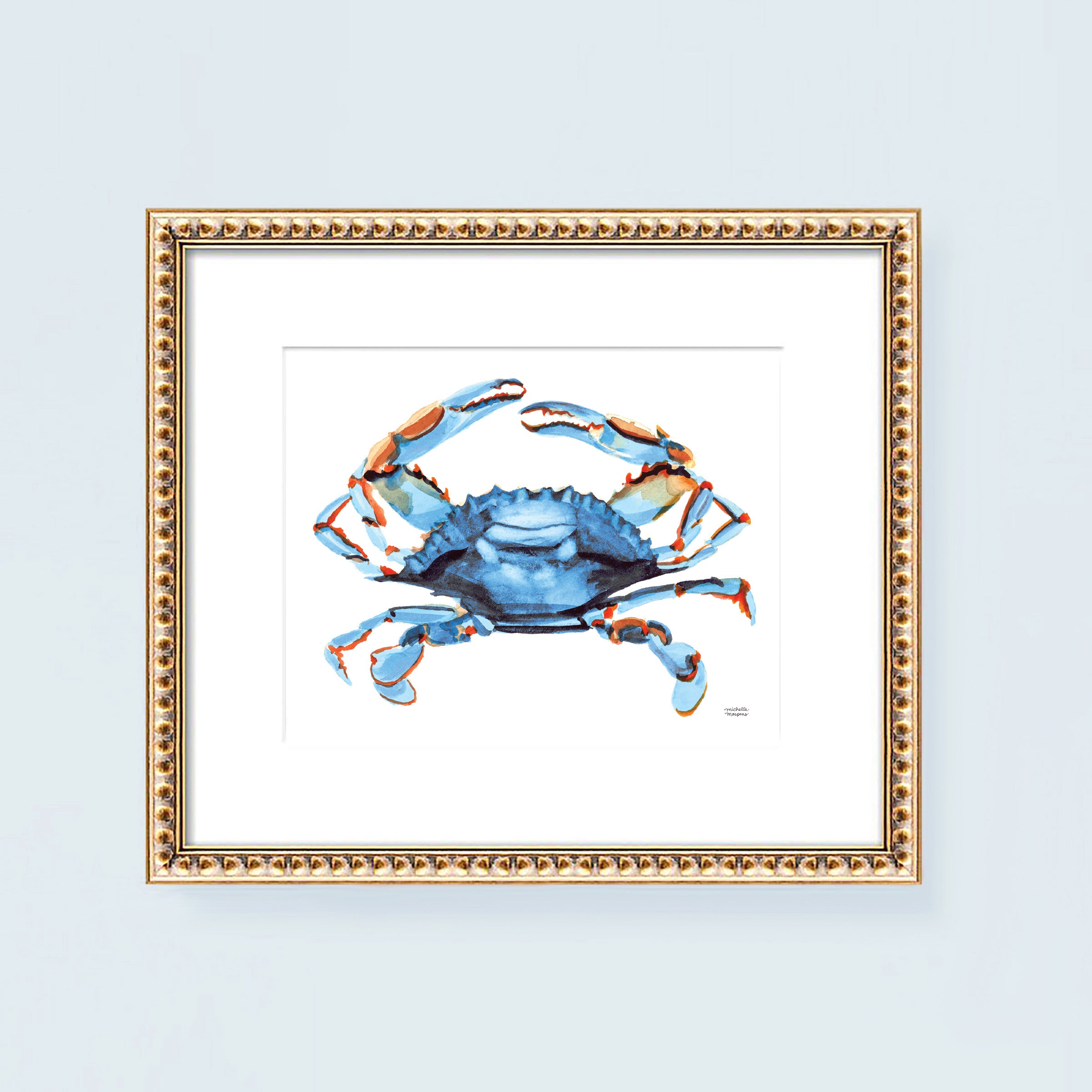 Watercolor Bright Blue Crab Coastal Wall Art Print