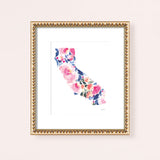 Floral watercolor California state shape art print