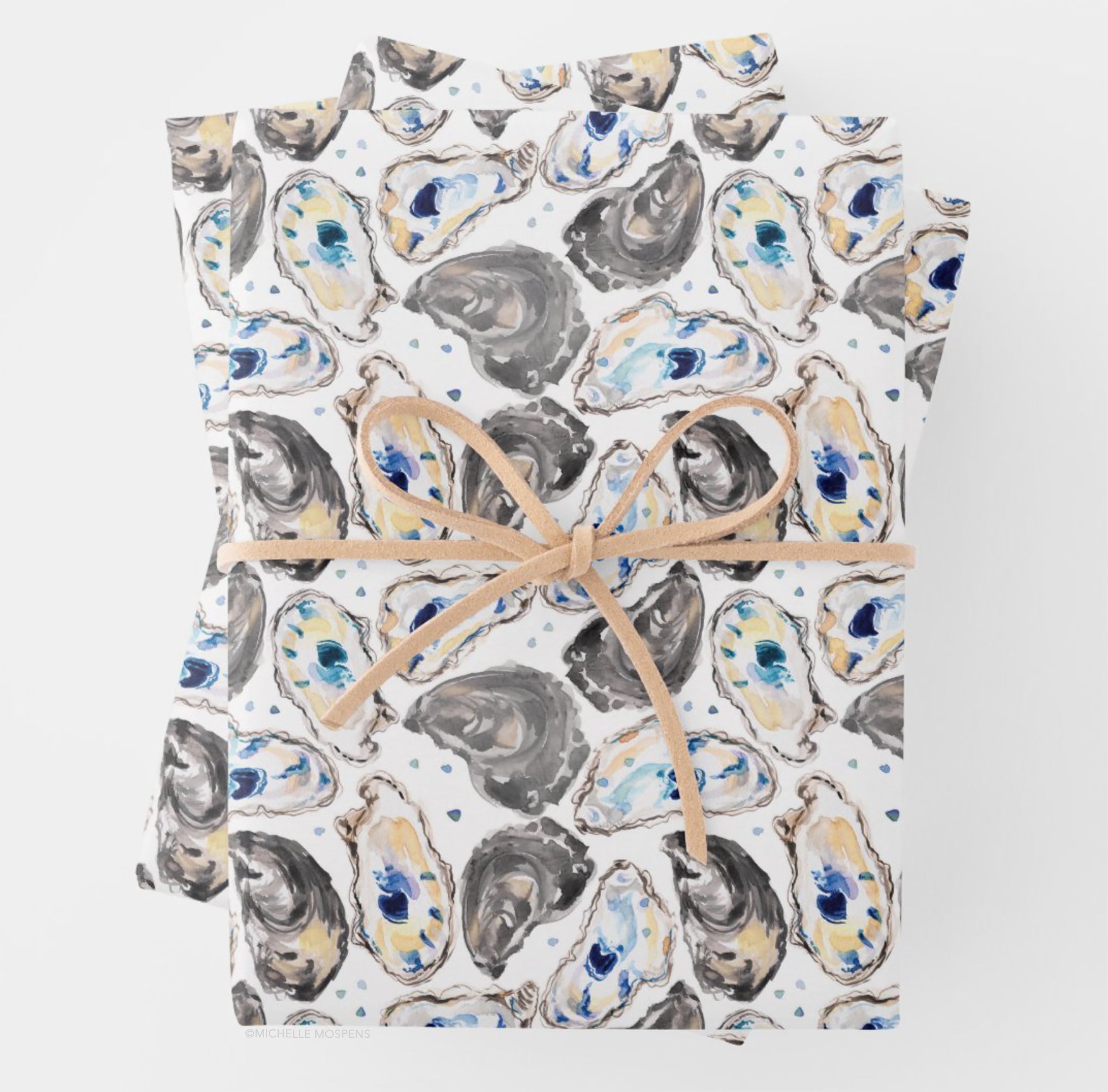 Coastal Oyster Shells Nautical illustrated watercolor gift wrap sheets wrapping paper by Michelle Mospens
