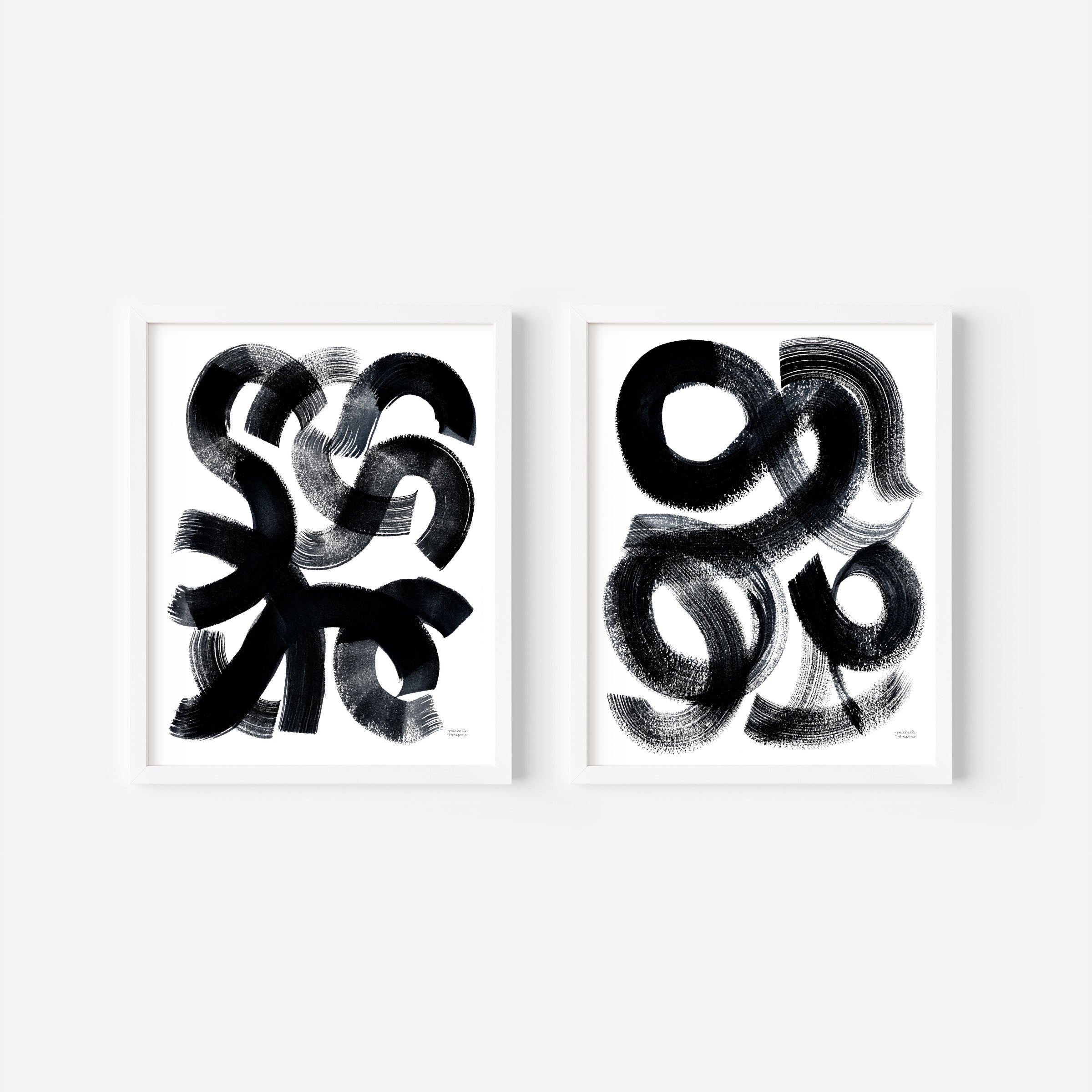 Minimalist Black and White Swirly Abstract Wall Art Prints Set Of 2 Unframed
