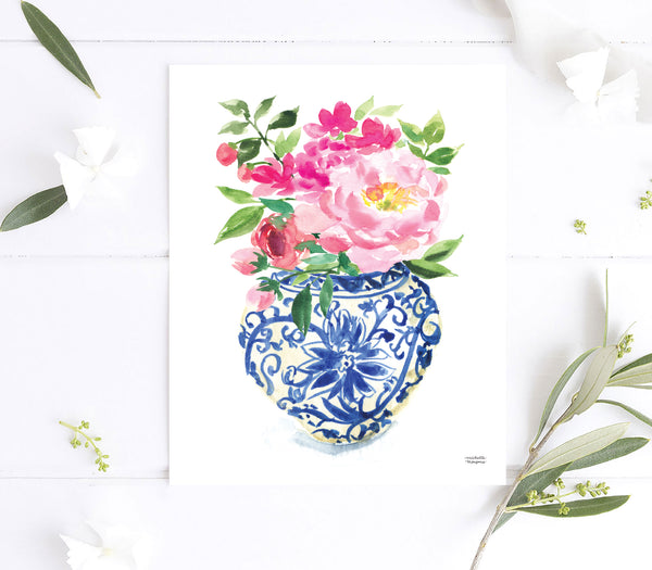 Watercolor Ginger Jar No. 5 with flowers painting wall art print by Michelle Mospens.