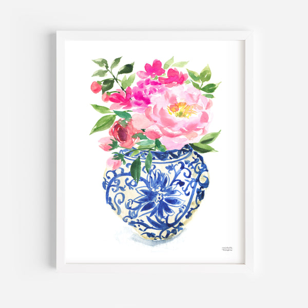 Watercolor Ginger Jar No. 5 with Flowers Art Print