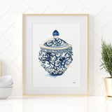 Blue and white Ginger Jar Vase No. 2 watercolor painting wall art print by artist Michelle Mospens.