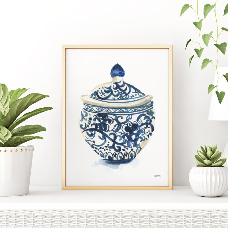 Blue and white Ginger Jar Vase No. 2 watercolor painting wall art print by artist Michelle Mospens.