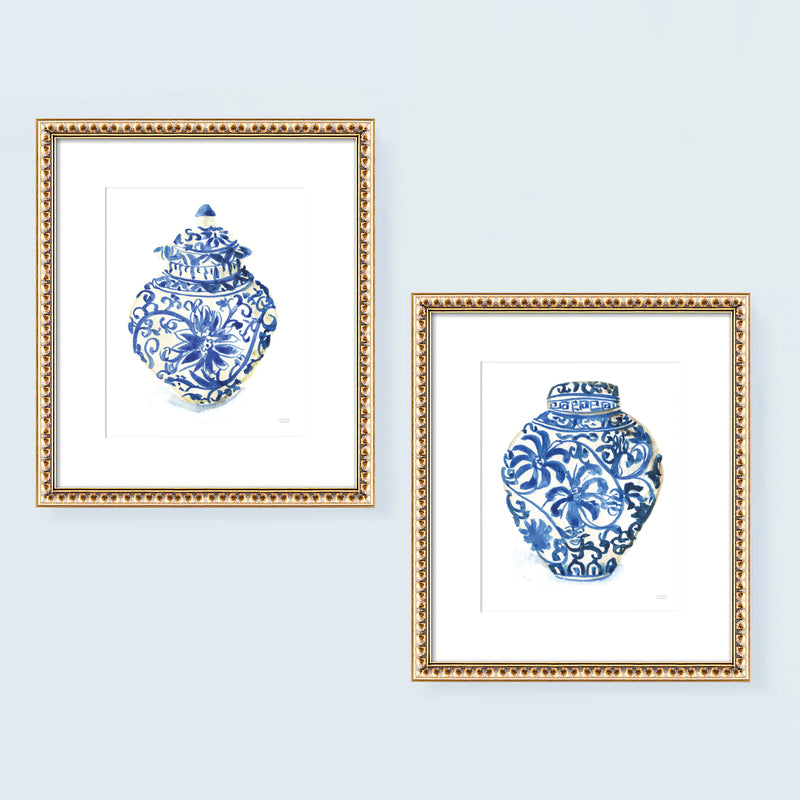 Blue and white chinoiserie ginger jars watercolor painting wall art print set of 2 by artist Michelle Mospens.
