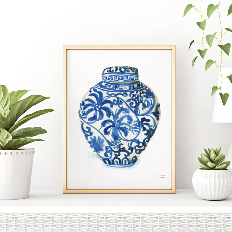 Blue and white vase Ginger Jar No. 3 watercolor painting wall art print by artist Michelle Mospens.