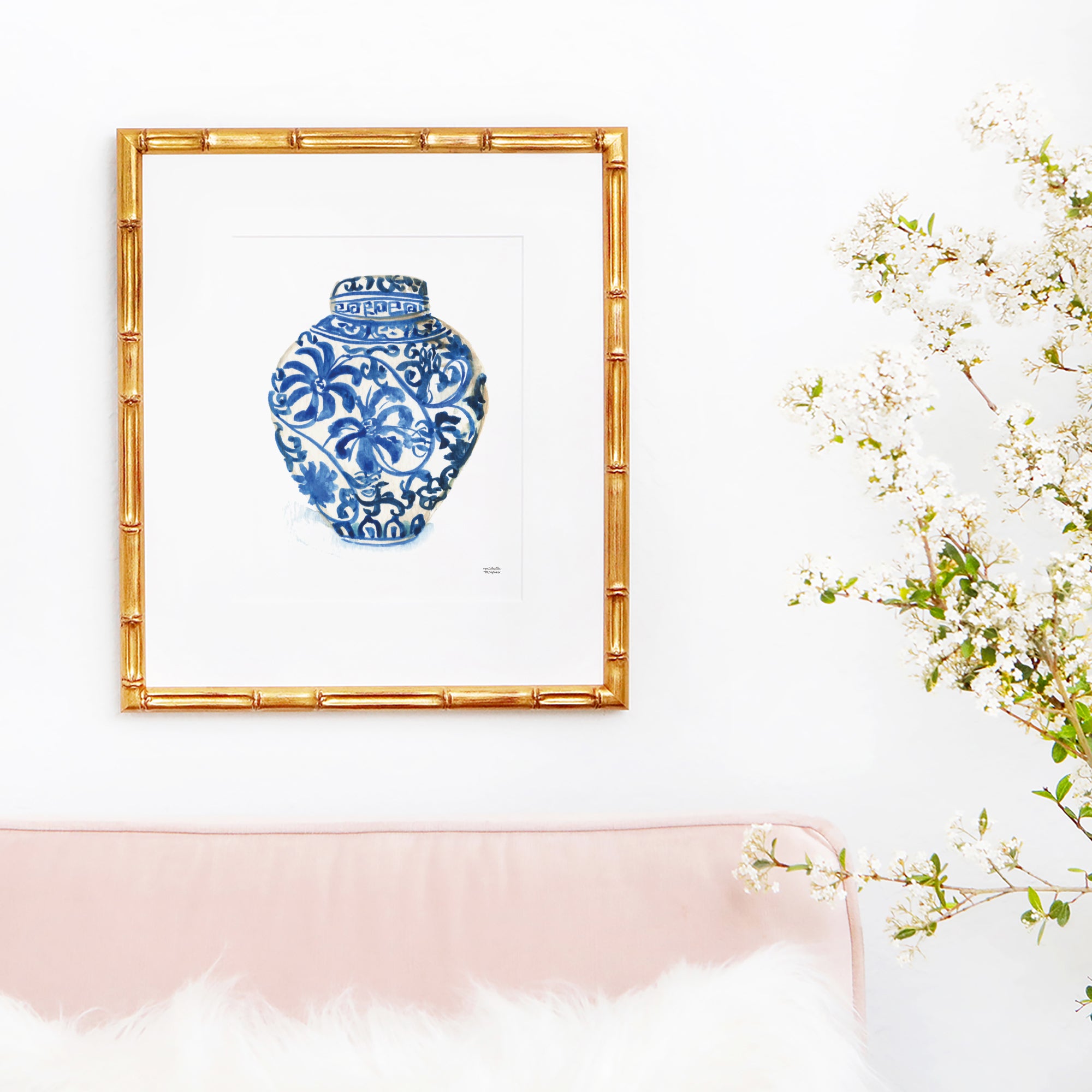 Blue and white vase Ginger Jar No. 3 watercolor painting wall art print by artist Michelle Mospens.