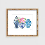 Blue and white ginger jar vases watercolor art print by Michelle Mospens.