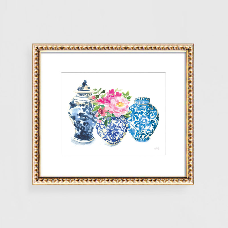 Blue and white ginger jar vases watercolor art print by Michelle Mospens.