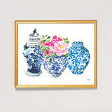 Blue and white ginger jar vases watercolor art print by Michelle Mospens.