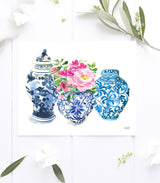 Blue and white ginger jar vases watercolor art print by Michelle Mospens.