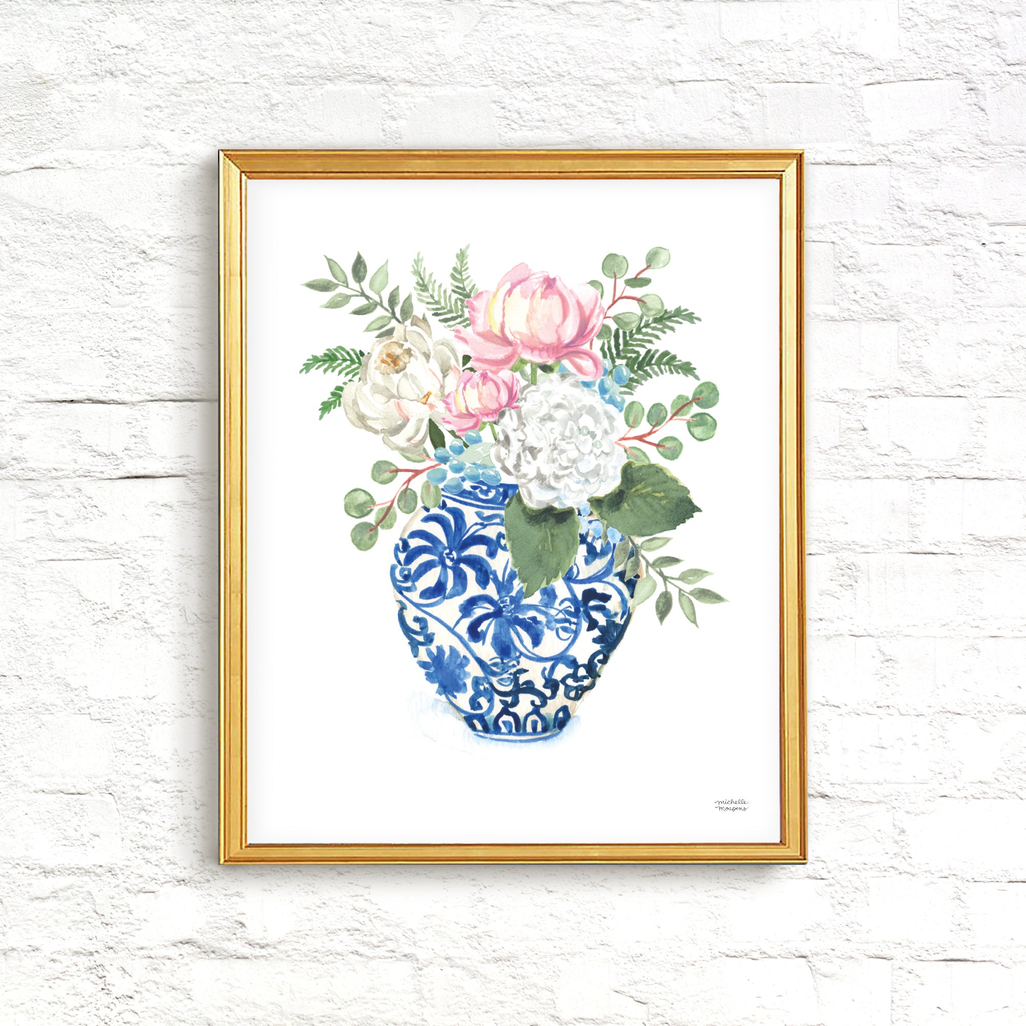 Watercolor Ginger Jar No7 with Flowers Art Print