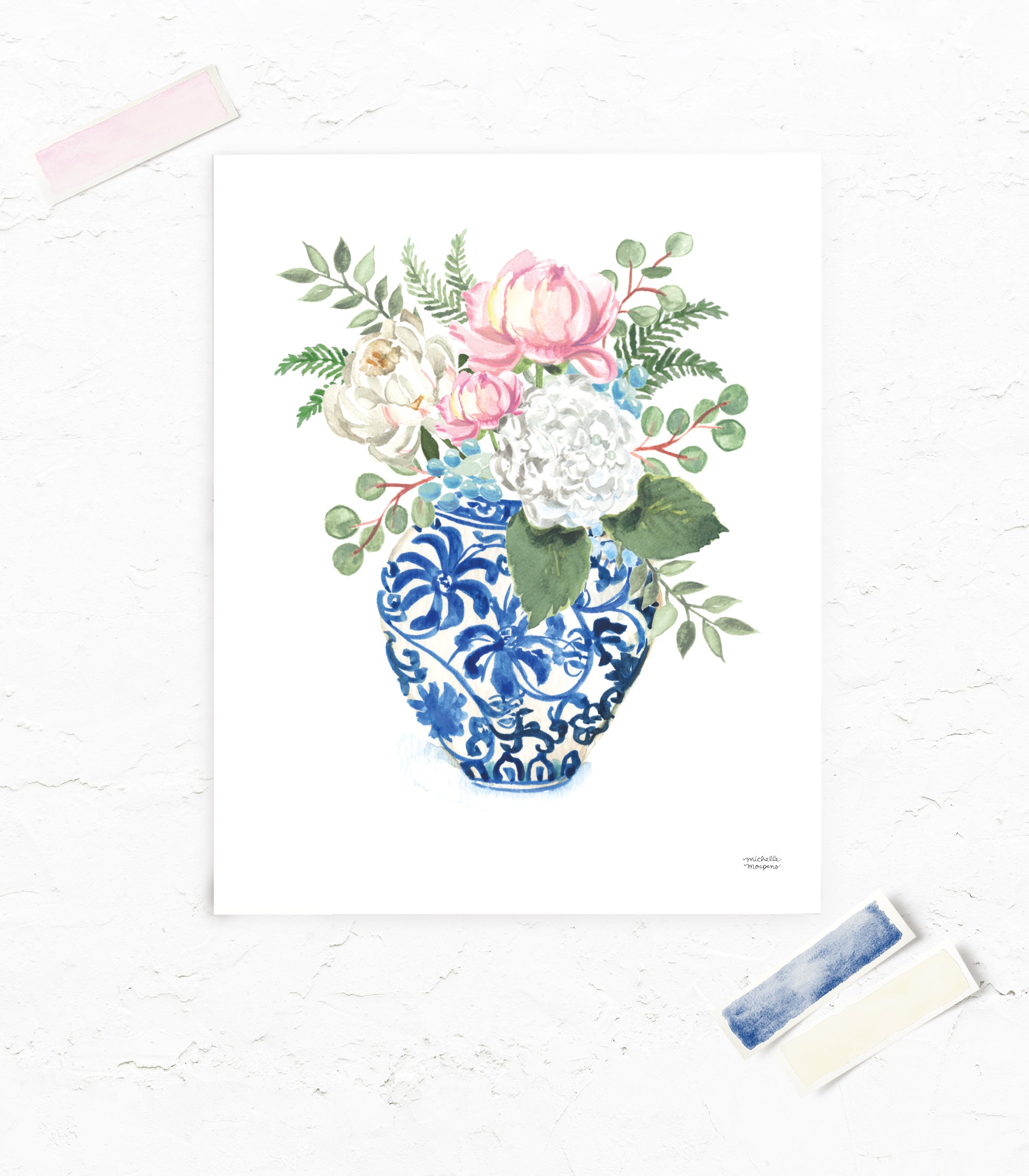 Watercolor Ginger Jar No7 with Flowers Art Print