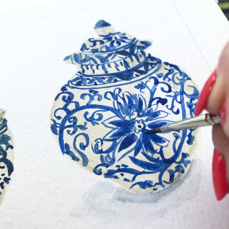 Blue and white chinoiserie ginger jars watercolor painting wall art print set of 2 by artist Michelle Mospens.