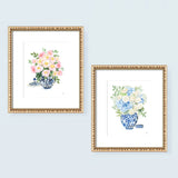 Two paper art prints with pastel flowers in blue and white ginger jars. Watercolor whimsical illustrations perfectly match the traditional Grandmillennial home decor. Unframed ready for you to add to your own matt and or frame you have at home.