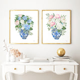 Chinoiserie Ginger Jar Bouquets No21 and No22 Watercolor Prints Set of 2