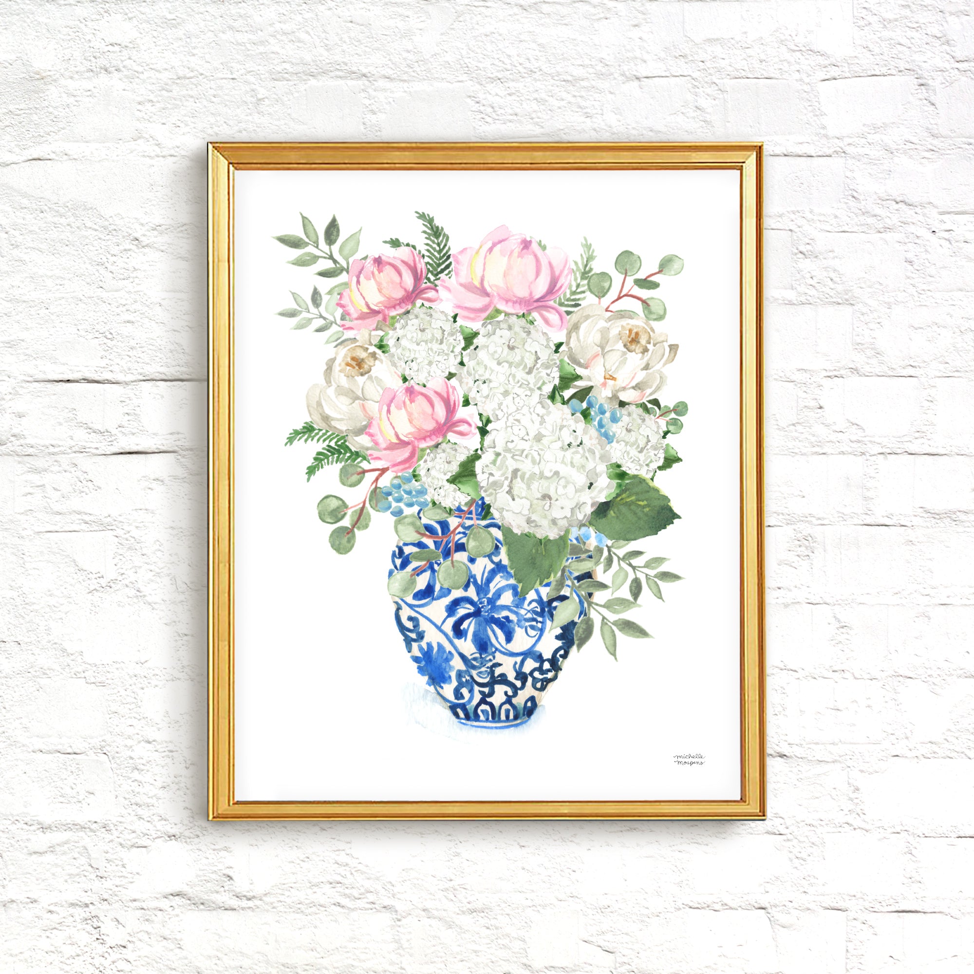Chinoiserie Ginger Jar Bouquet No20 Watercolor Art Print