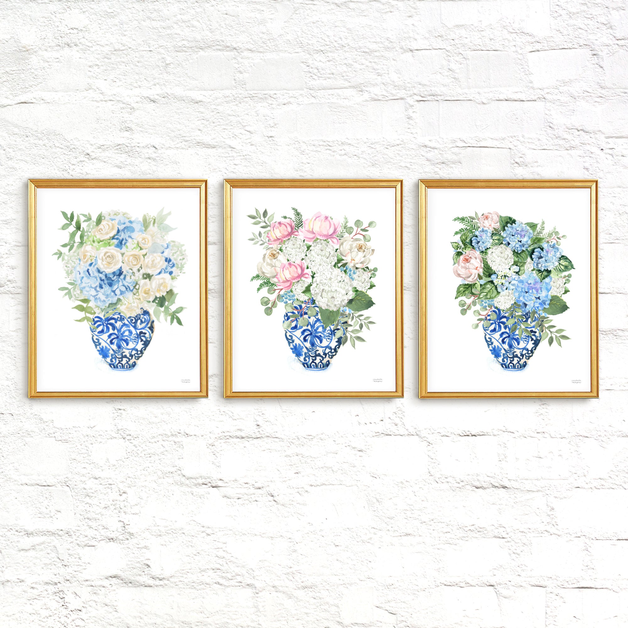 Chinoiserie Bedroom Wall Art, Floral Hydrangea Bedroom Decor, Ginger Jar Botanical Print