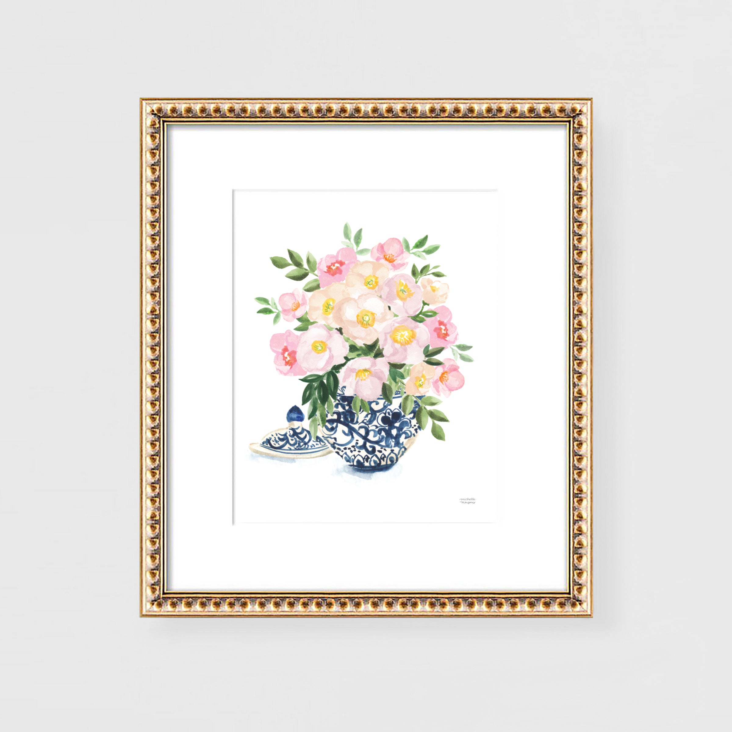 Watercolor Ginger Jar No8 with Flowers Art Print