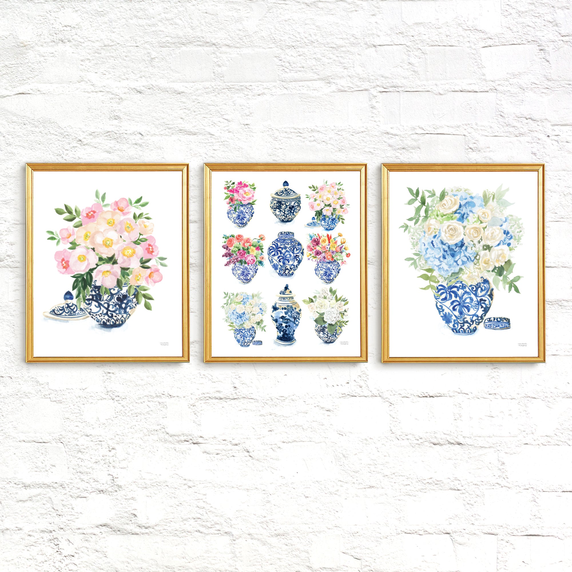 Three paper art prints with flowers in blue and white ginger jars. Watercolor whimsical illustrations perfectly match the traditional Grandmillennial home decor. Unframed ready for you to add to your own matt and or frame you have at home.