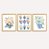 Three paper art prints with flowers in blue and white ginger jars. Watercolor whimsical illustrations perfectly match the traditional Grandmillennial home decor. Unframed ready for you to add to your own matt and or frame you have at home.