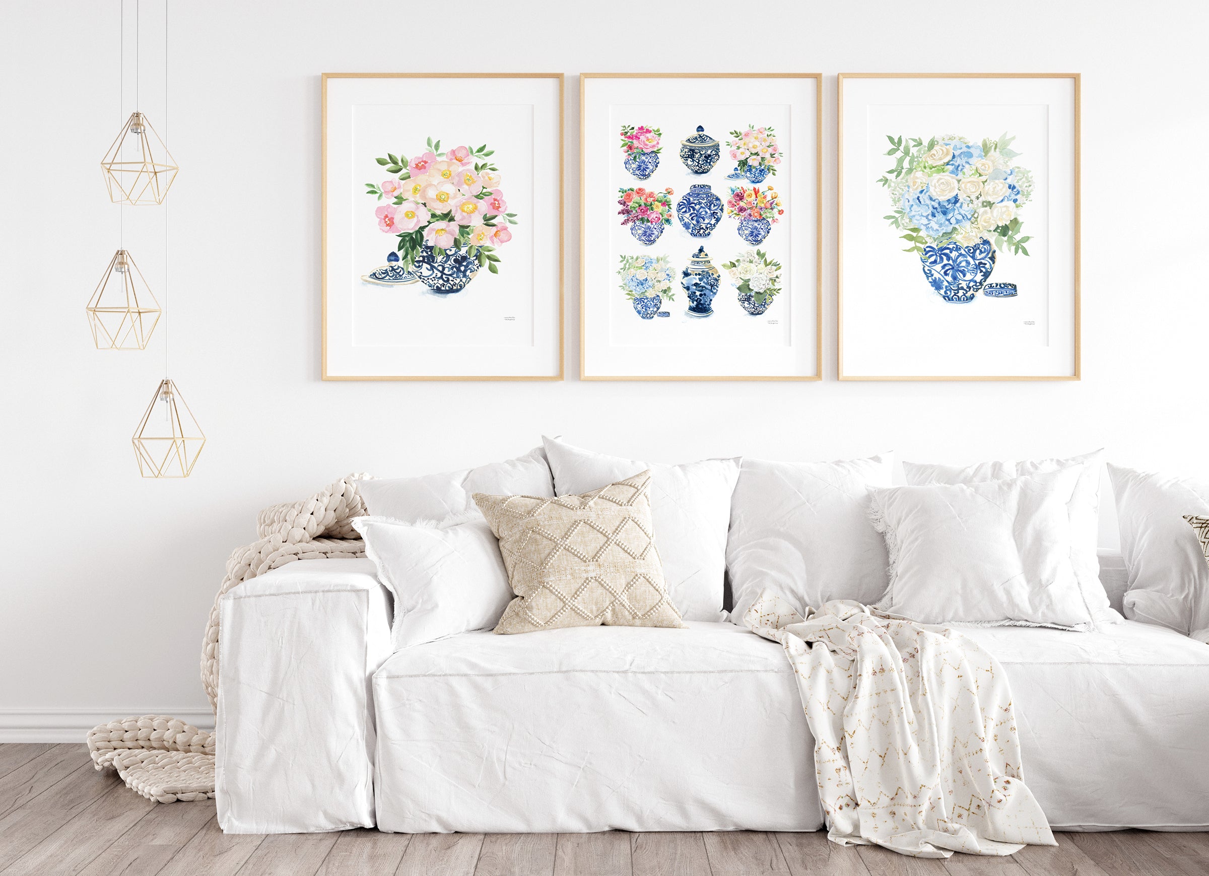 Three paper art prints with flowers in blue and white ginger jars. Watercolor whimsical illustrations perfectly match the traditional Grandmillennial home decor. Unframed ready for you to add to your own matt and or frame you have at home.