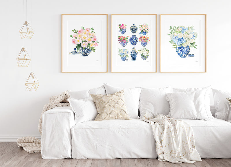 Three paper art prints with flowers in blue and white ginger jars. Watercolor whimsical illustrations perfectly match the traditional Grandmillennial home decor. Unframed ready for you to add to your own matt and or frame you have at home.