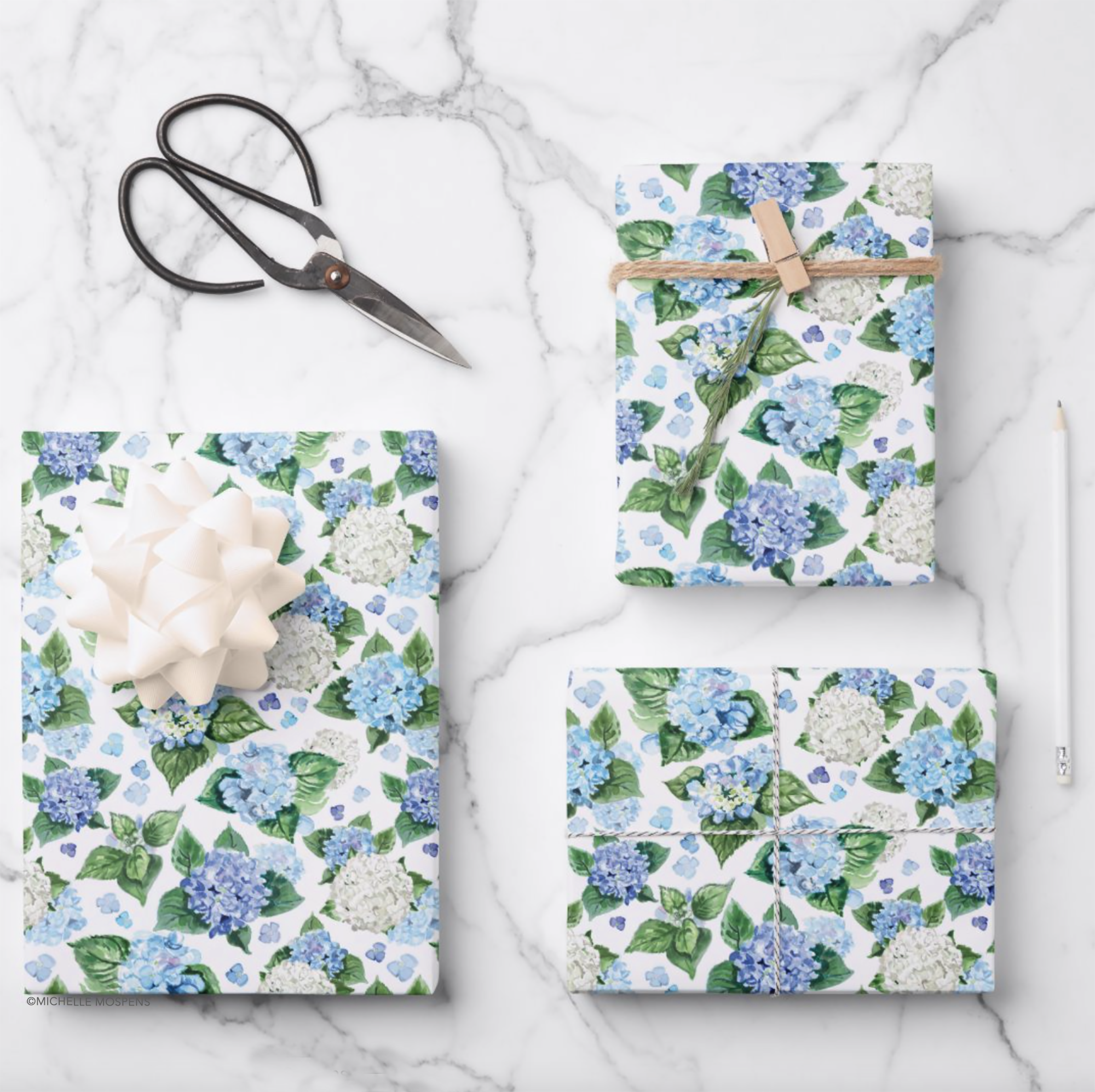 Blue and white hydrangea blooms gift wrapping paper by Michelle Mospens