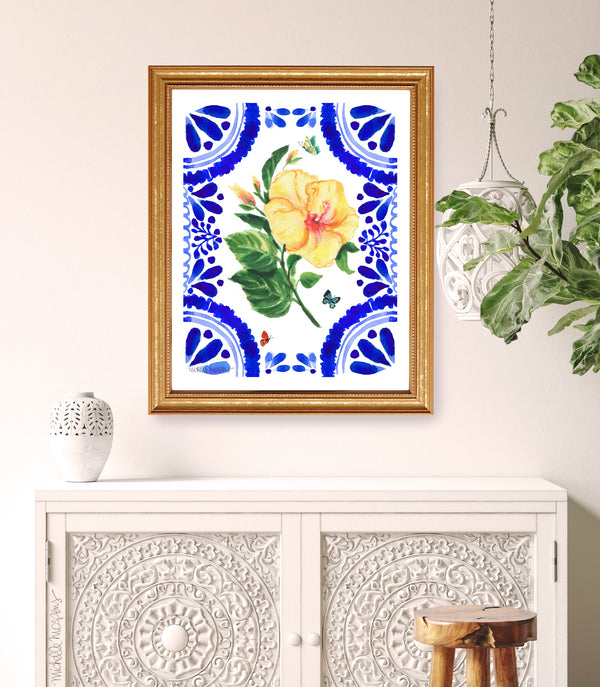 Watercolor Talavera Botanical Hibiscus Unframed Wall Art Print by Michelle Mospens