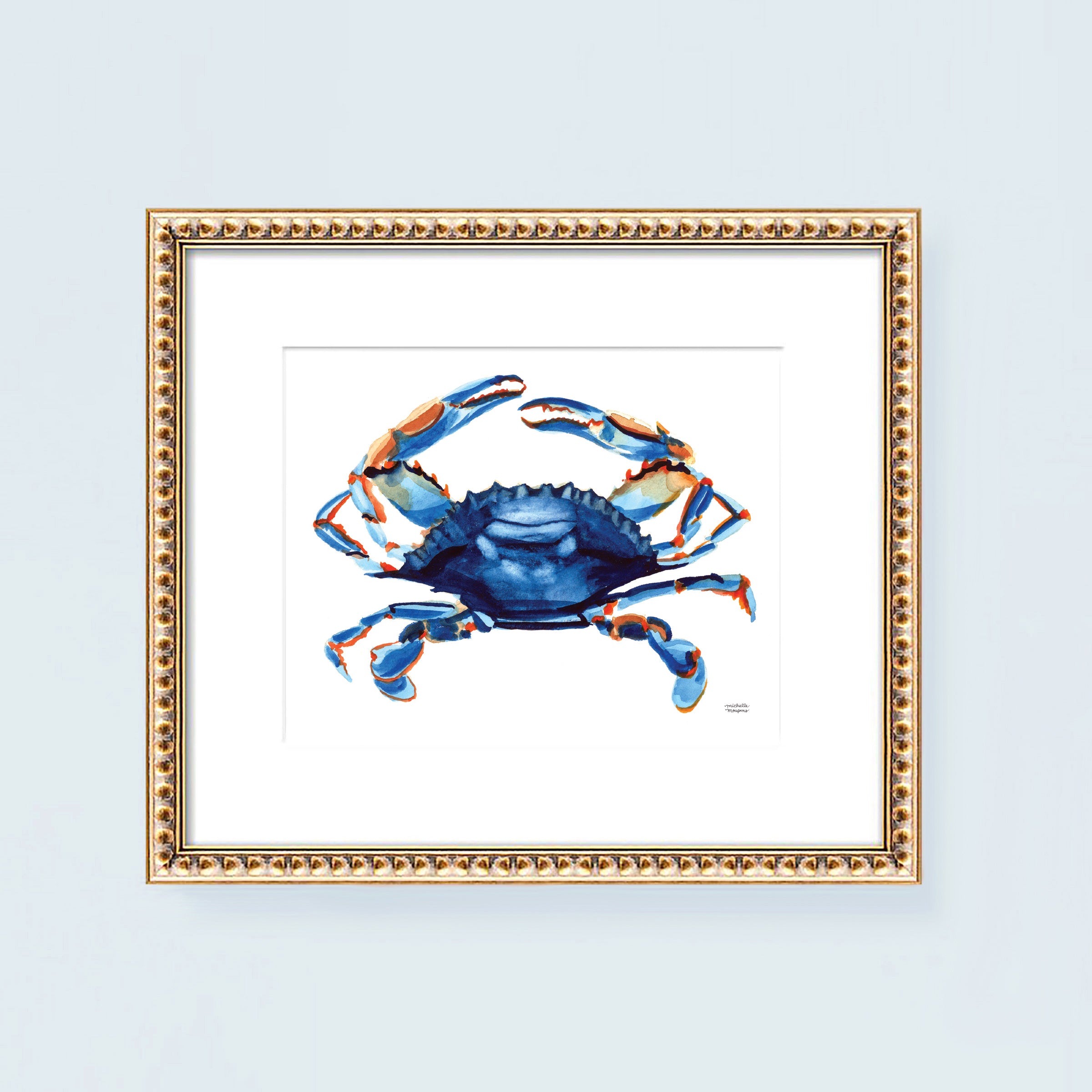 Watercolor blue crab painting wall art print by artist Michelle Mospens.