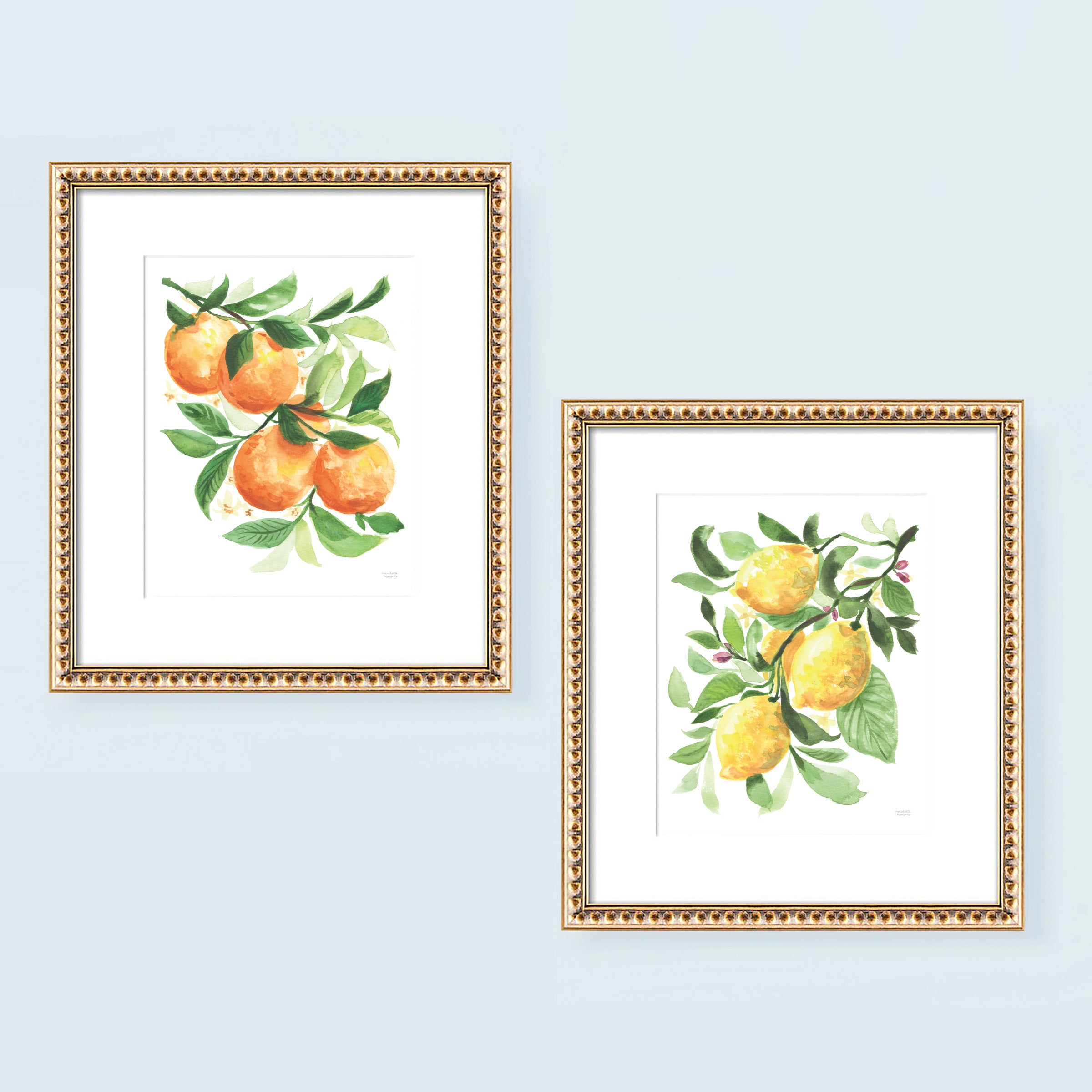 Watercolor Lemons and Oranges fruit kitchen wall art print set. Watercolor painting by artist Michelle Mospens.