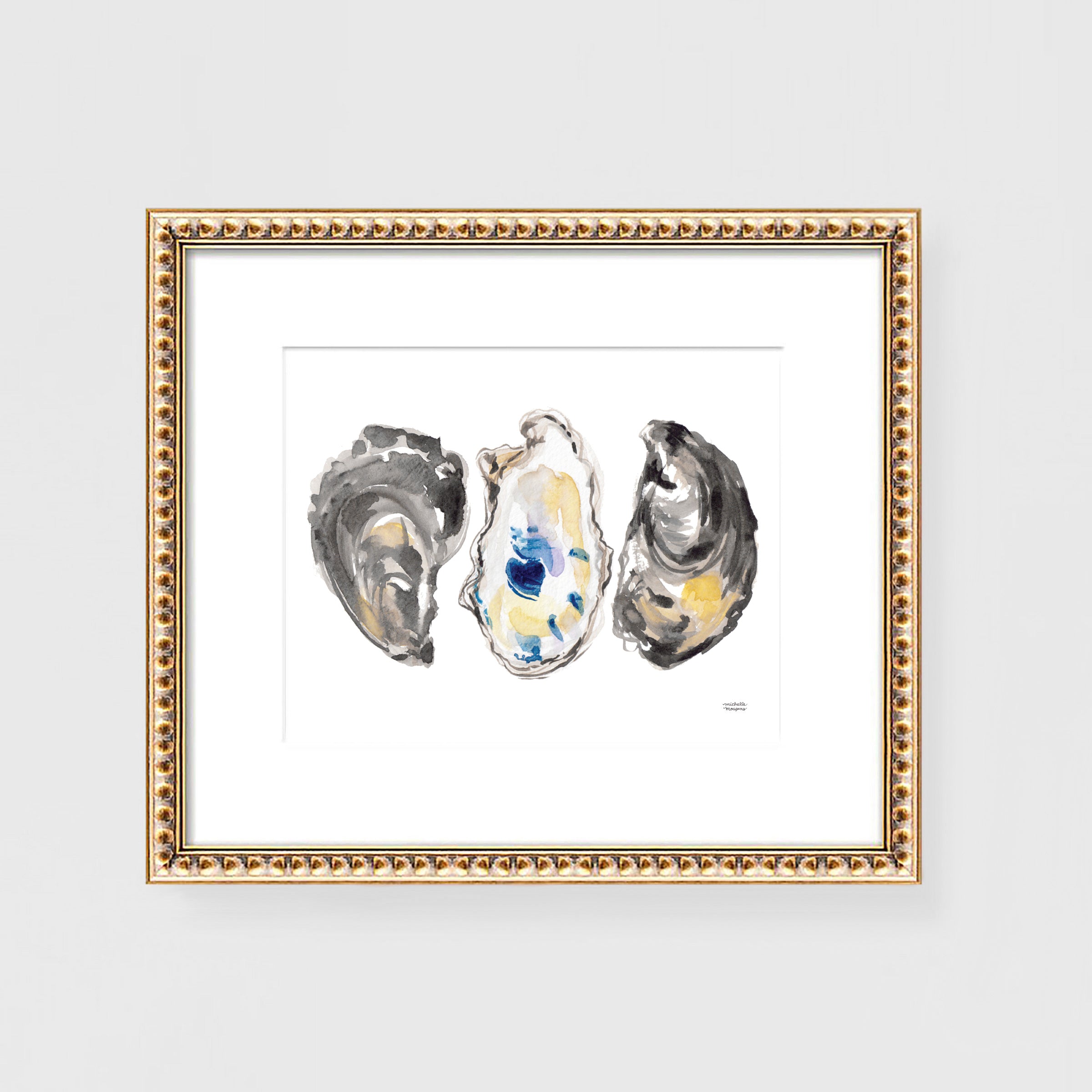 Coastal Wall Decor: Watercolor oyster shells painting wall art print by Michelle Mospens.