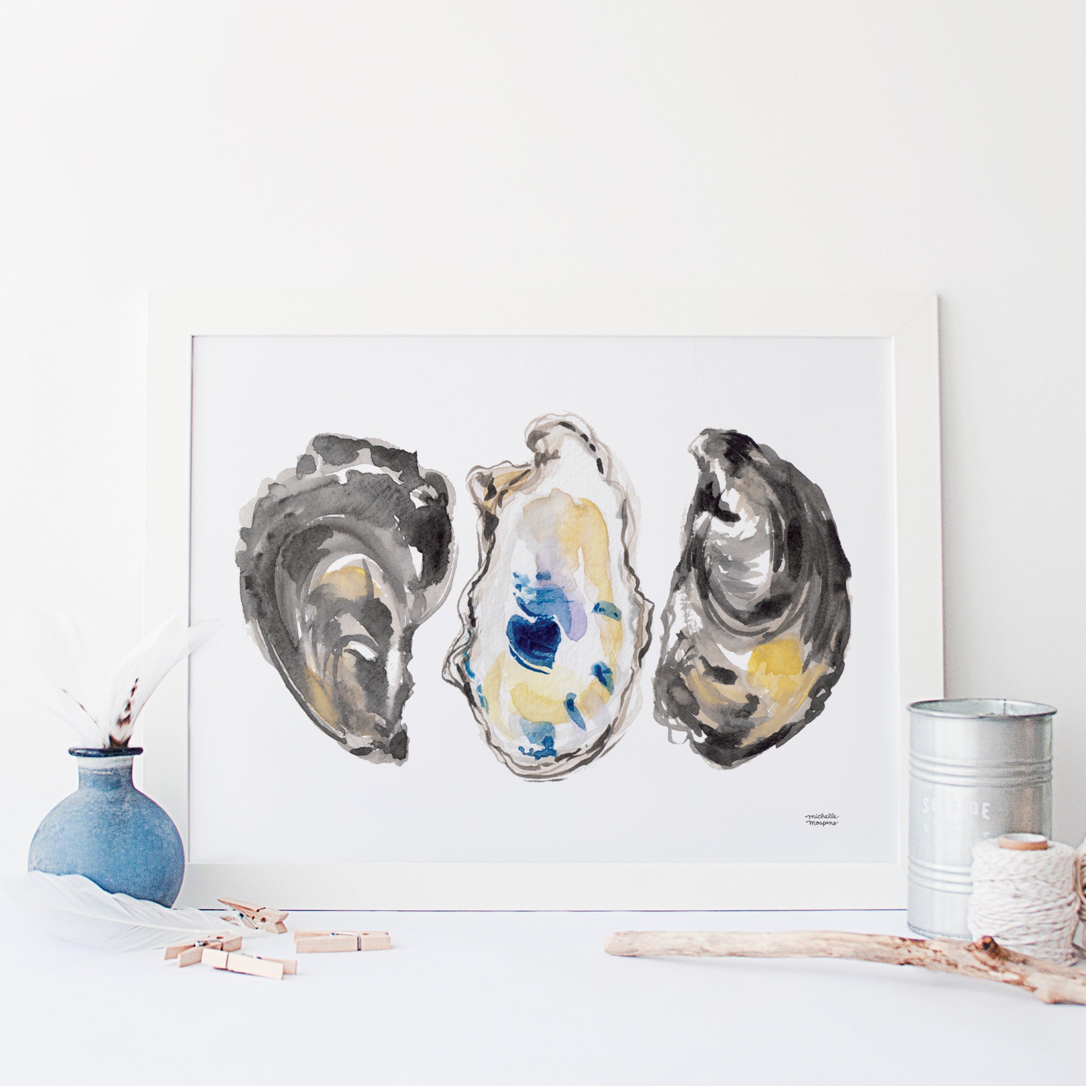 Coastal Wall Decor: Watercolor oyster shells painting wall art print by Michelle Mospens.