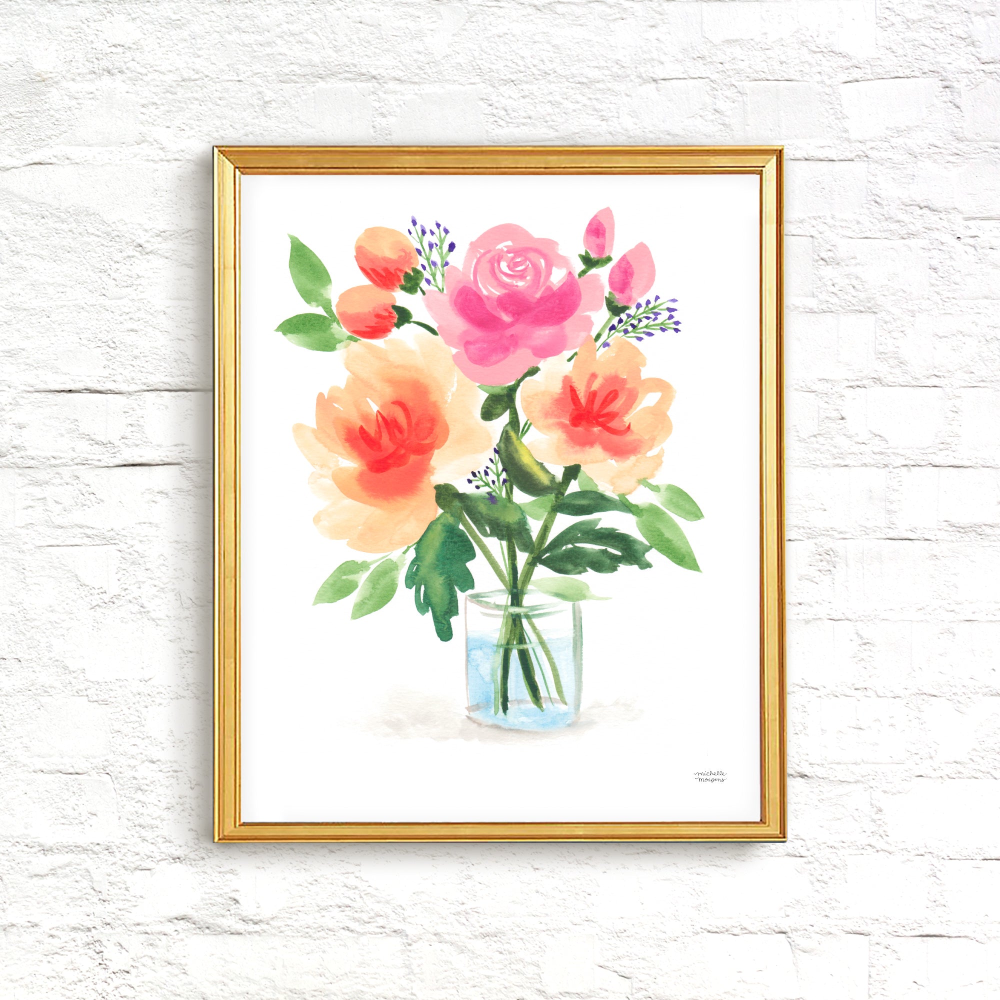 Painterly Peach Orange Peony Floral Bouquet Wall Art Print by Michelle Mospens