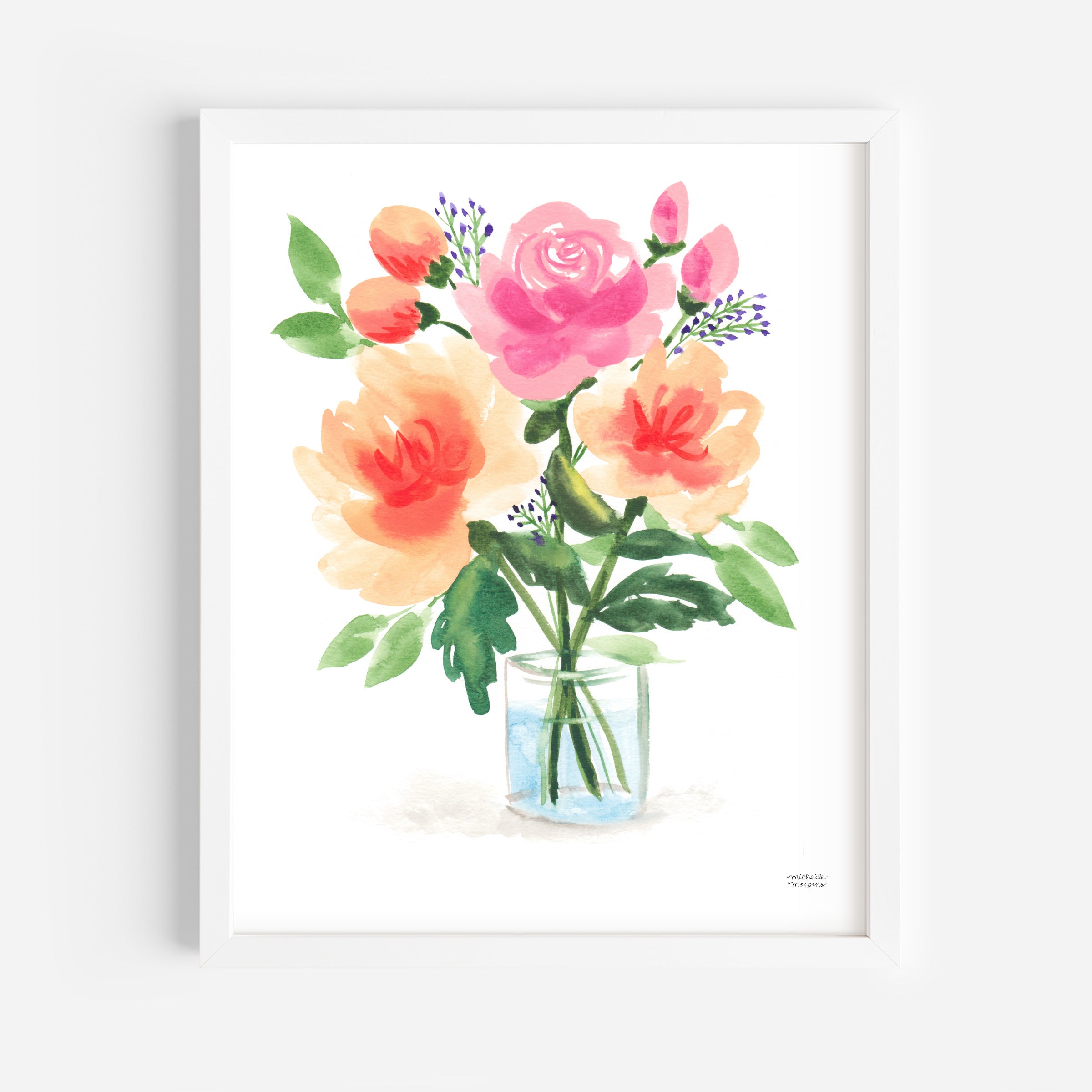 Painterly Peach Orange Peony Floral Bouquet Wall Art Print by Michelle Mospens