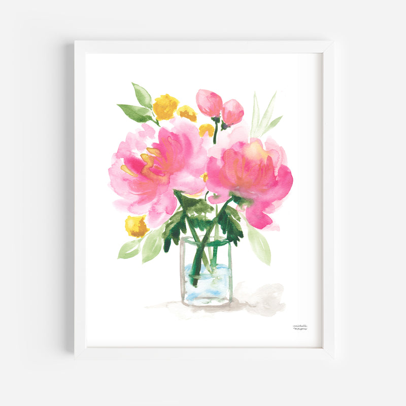 Painterly Pink Peony Floral Bouquet Wall Art Print by Michelle Mospens