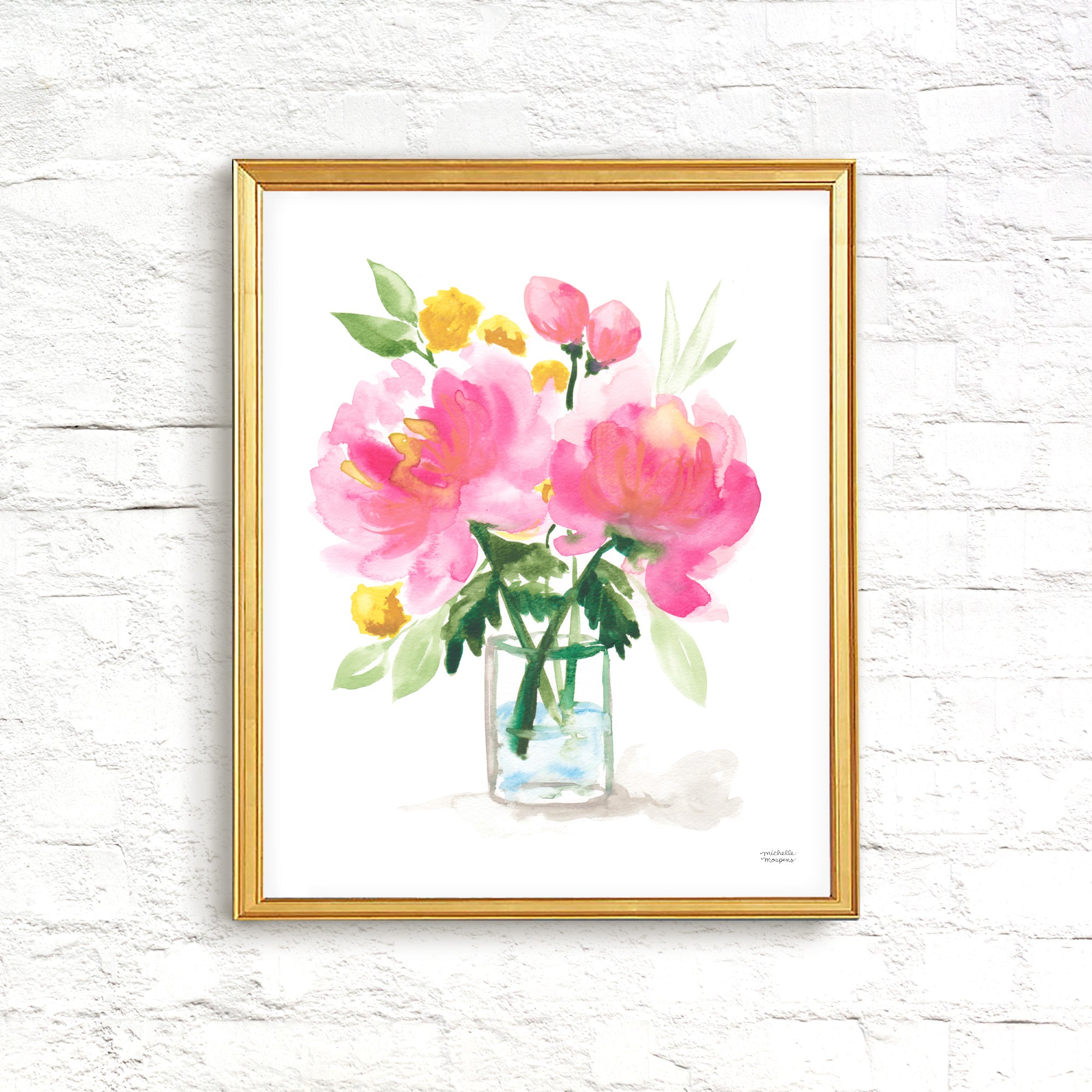 Painterly Pink Peony Floral Bouquet Wall Art Print by Michelle Mospens