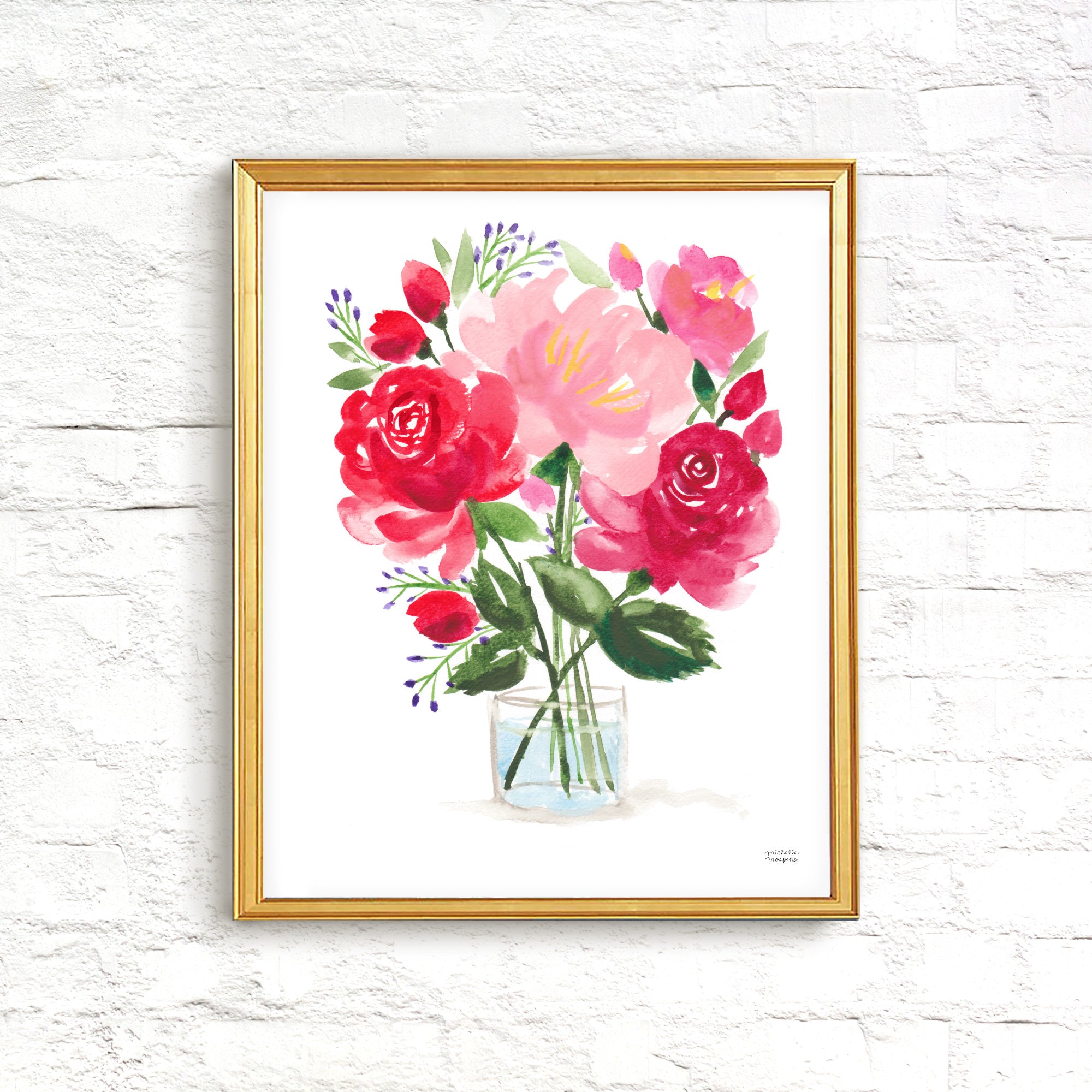 Painterly Red Roses Floral Bouquet Wall Art Print by Michelle Mospens