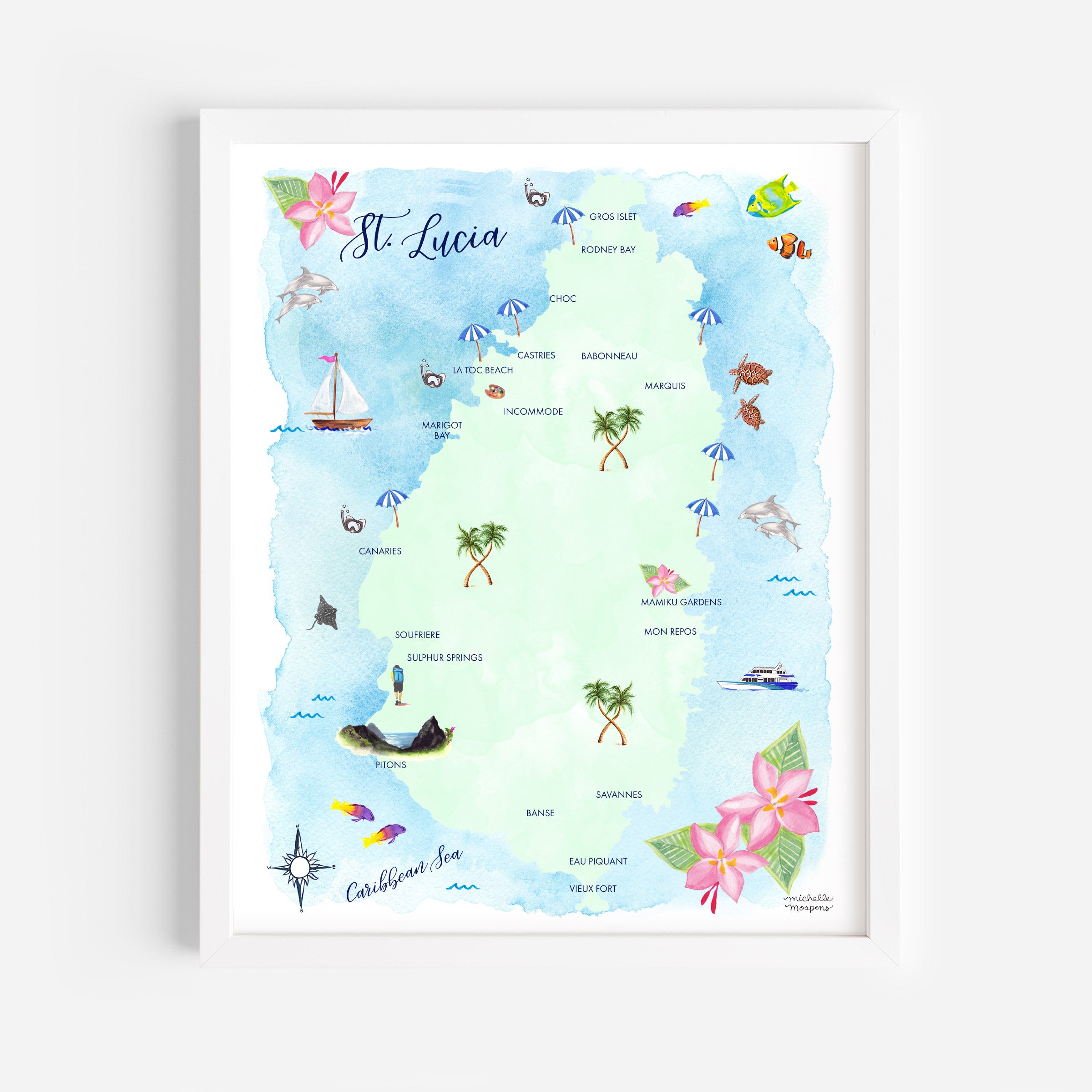 St. Lucia Map Art Print - Watercolor by Michelle Mospens