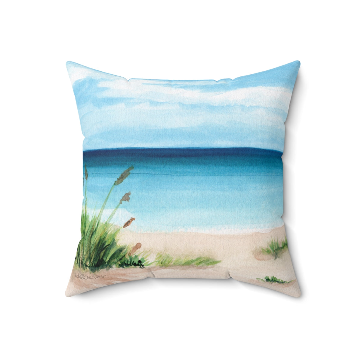 Watercolor Beach Scene Square Pillow by Artist Michelle Mospens