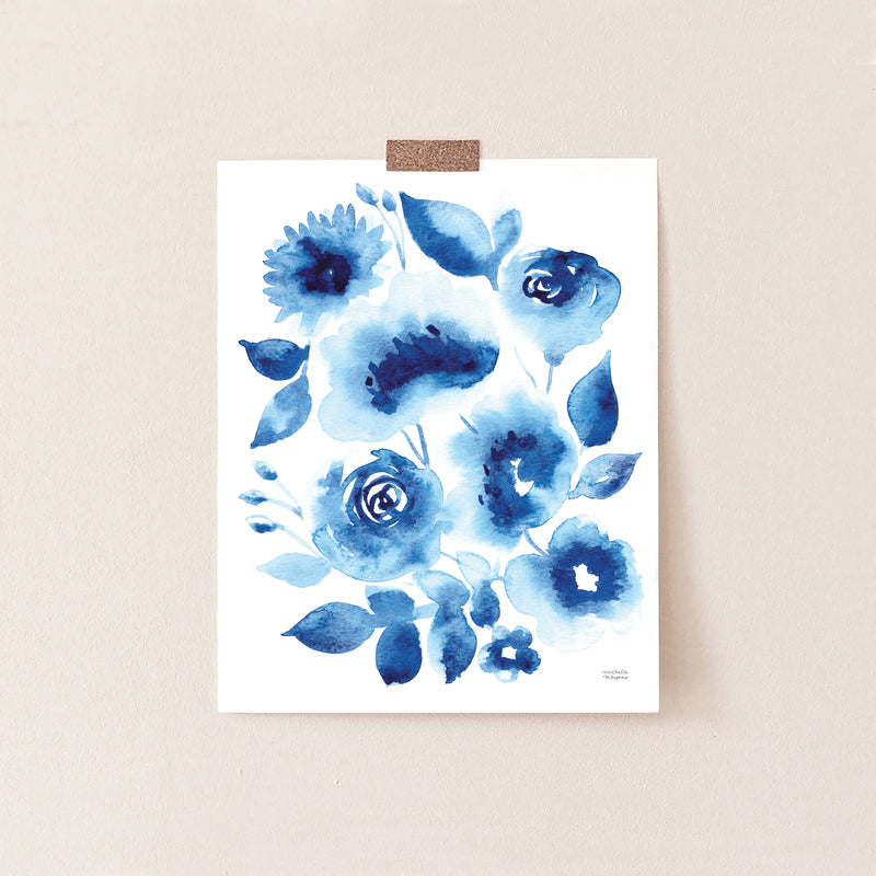 Abstract Indigo Blue Florals Watercolor Print