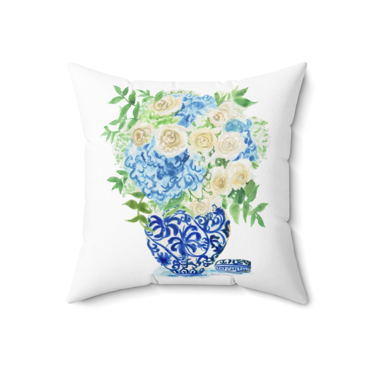 Watercolor Chinoiserie Ginger Jar Bouquet No. 17 Square Pillow with Grandmillennial Aesthetic