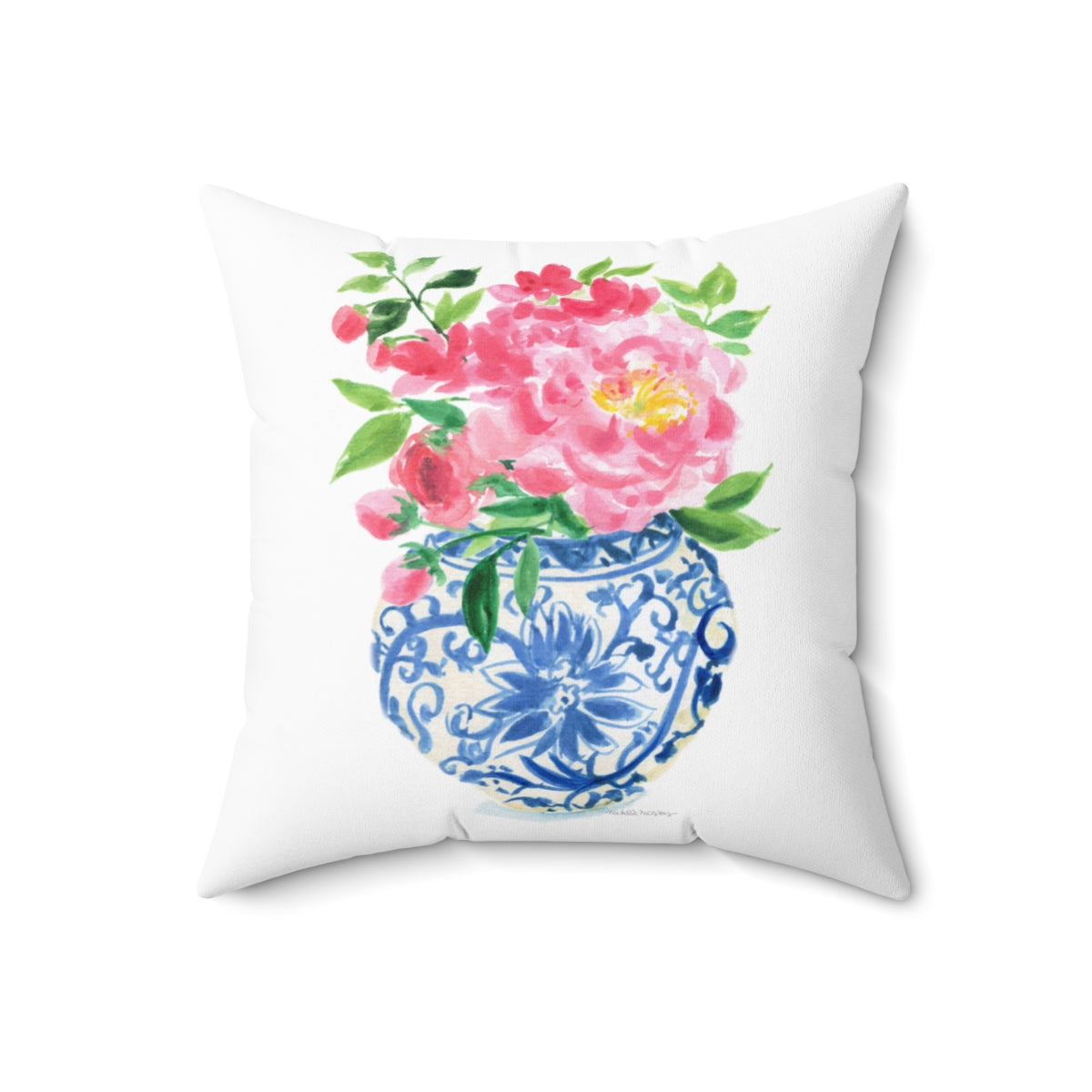 Watercolor Chinoiserie Ginger Jar Bouquet No. 5 Square Pillow with Grandmillennial Aesthetic