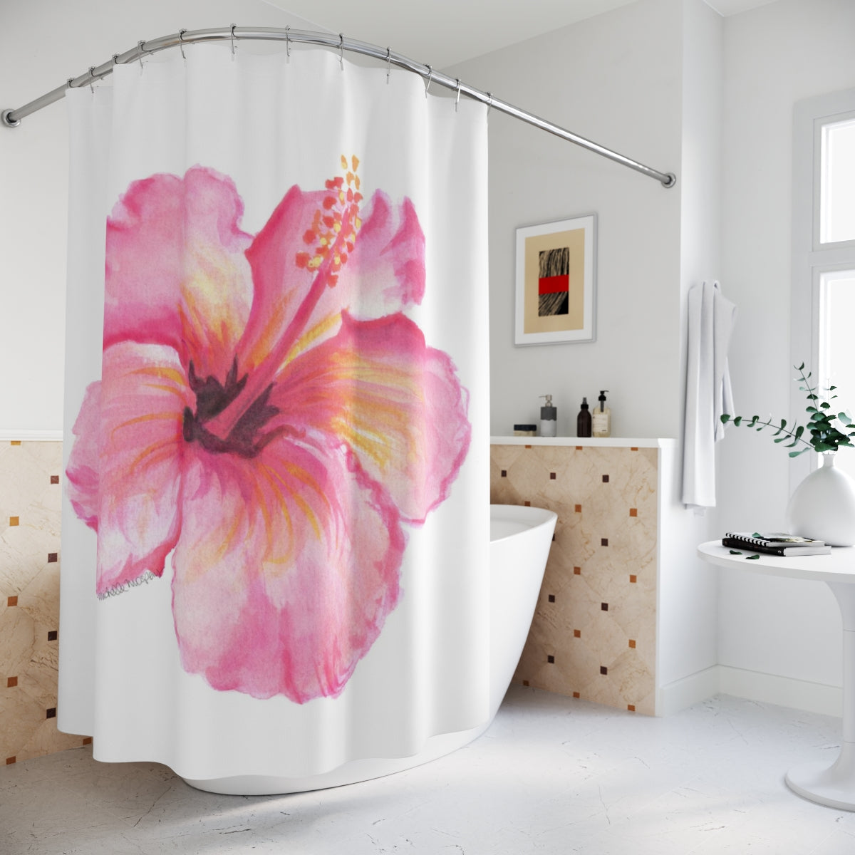 Watercolor Hibiscus Polyester Shower Curtain