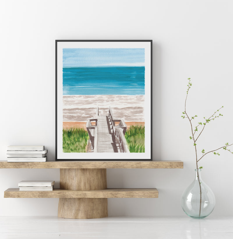 Beach Boardwalk Watercolor Art Print Coastal Decor