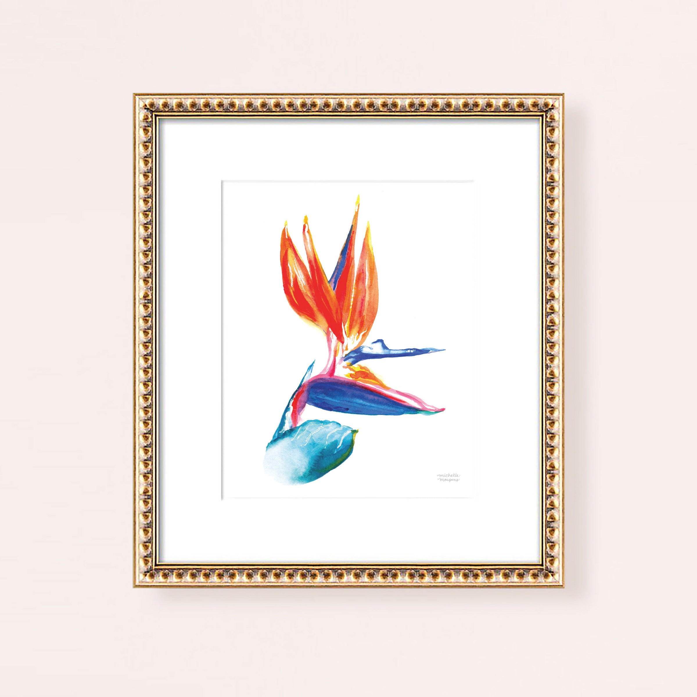 Watercolor tropical bird of paradise flower wall art print.