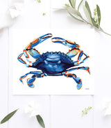 Watercolor blue crab painting wall art print by artist Michelle Mospens.
