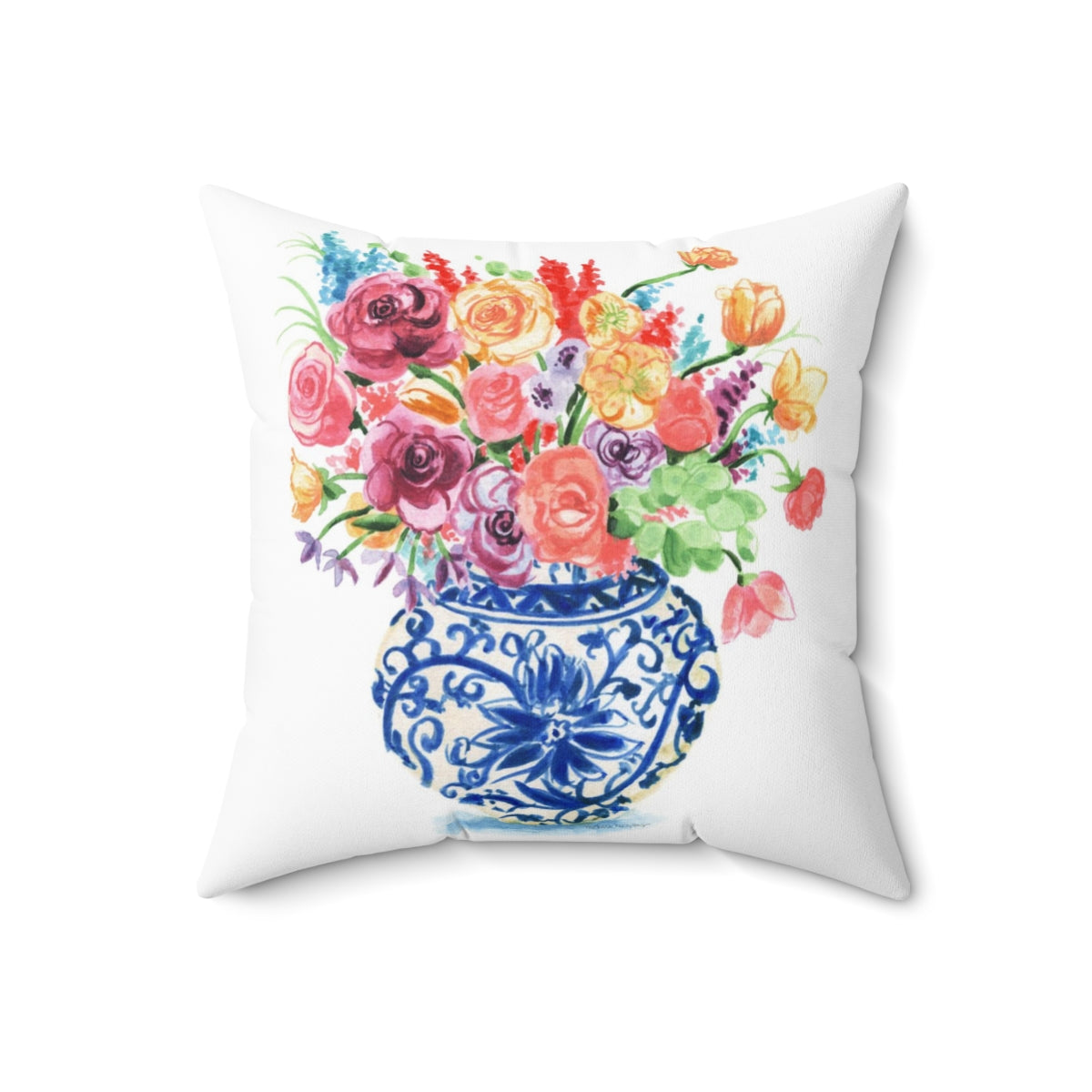 Watercolor Chinoiserie Ginger Jar Bouquet No. 16 Square Pillow with Grandmillennial Aesthetic