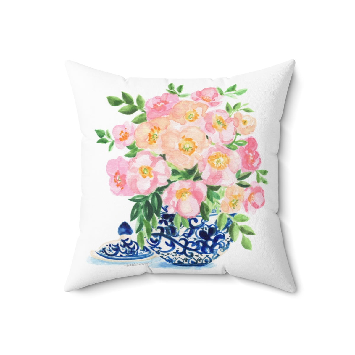 Watercolor Chinoiserie Ginger Jar Bouquet No. 8 Square Pillow with Grandmillennial Aesthetic