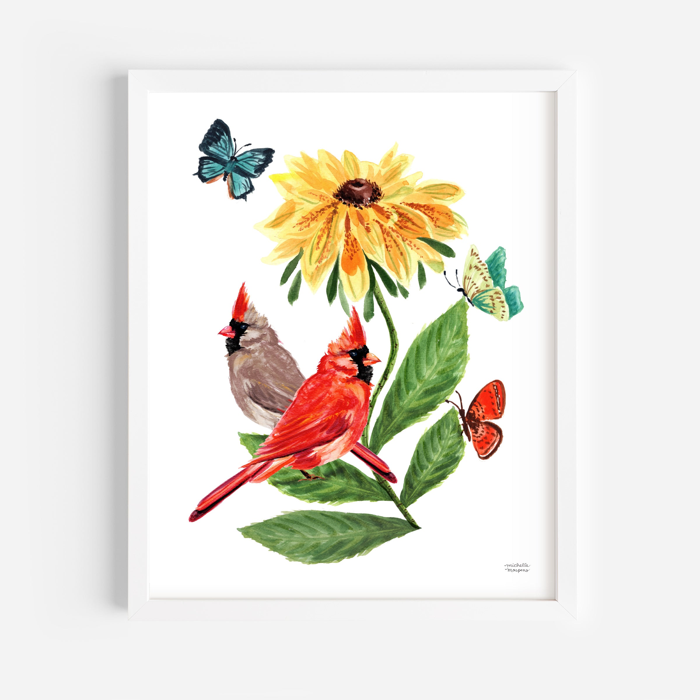 Mr. and Mrs. Cardinal Birds Watercolor Unframed Wall Art Print by Michelle Mospens